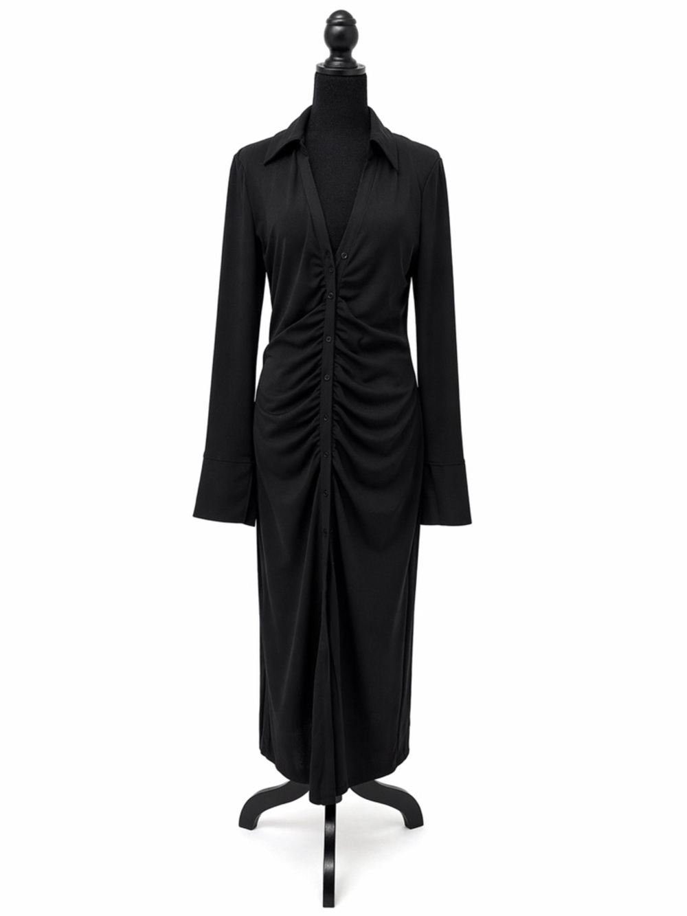 H&M Black Ruched Button-Front Midi Shirt Dress